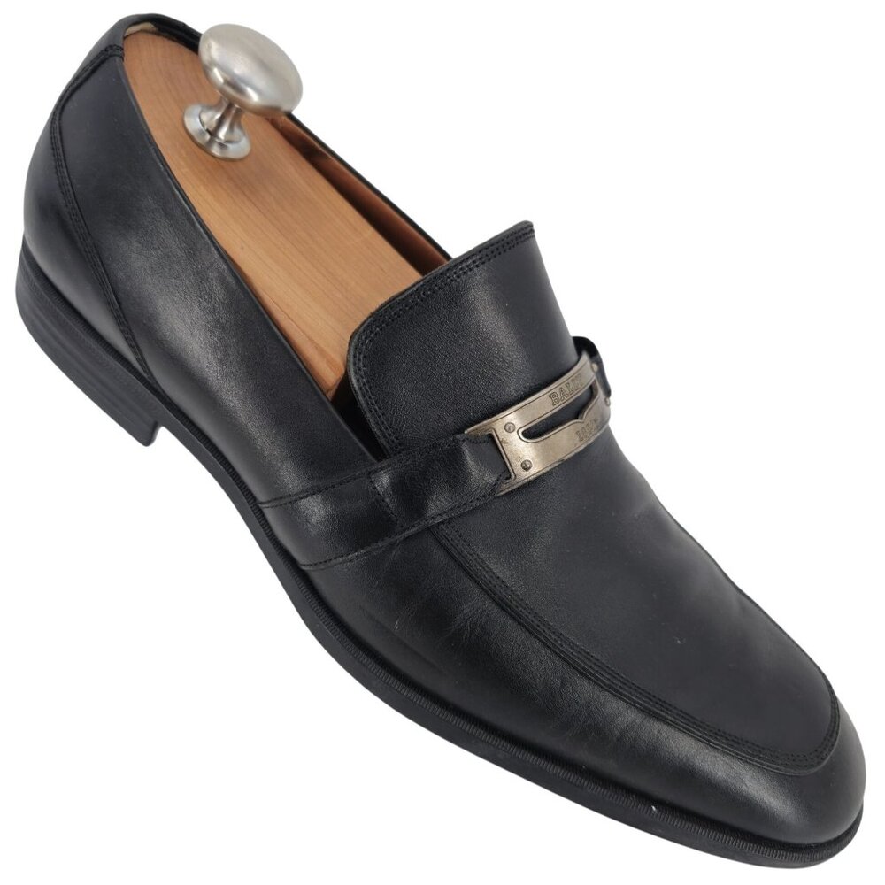 Bally Switzerland Men's size 7D Black Leather Logo Plate Bit Loafers Dress Shoes